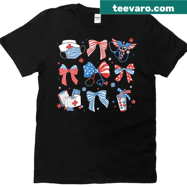 Patriotic T-shirt for nurses featuring a coquette bow design