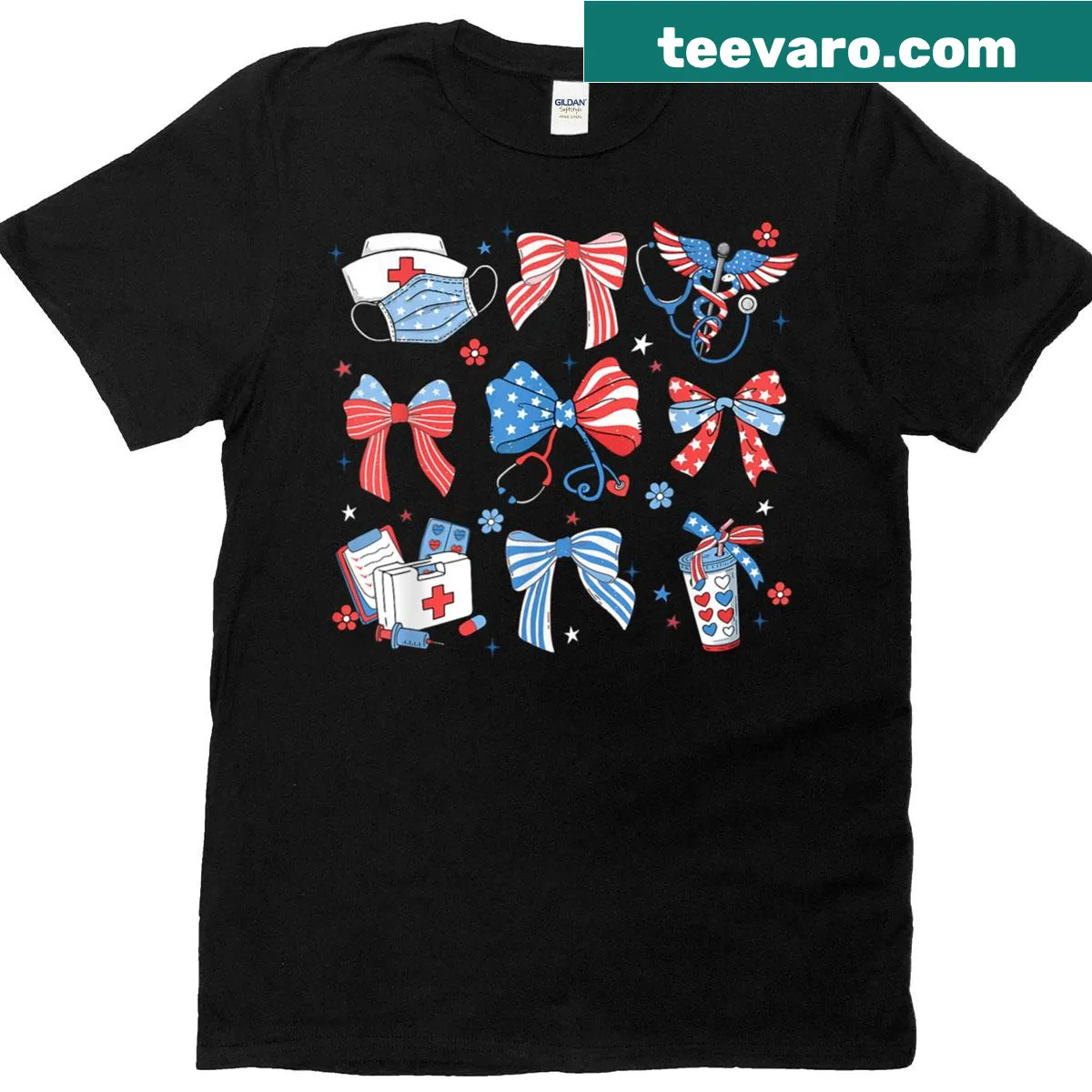 Patriotic T-shirt for nurses featuring a coquette bow design — on a men's t-shirt