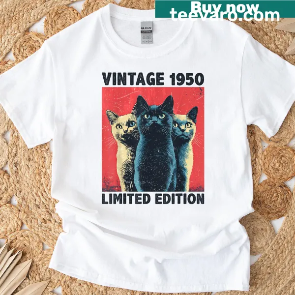 Vintage cat lover graphic for 75th birthday T-shirt