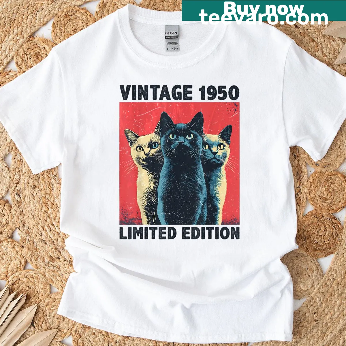 Vintage cat lover graphic for 75th birthday T-shirt — on a men's t-shirt