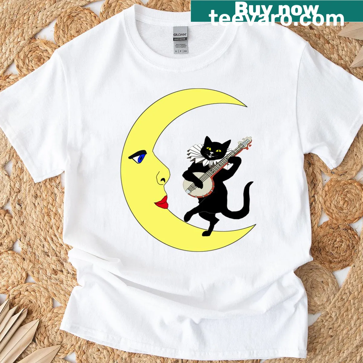 Illustration of a cat playing banjo on the moon — on a men's t-shirt