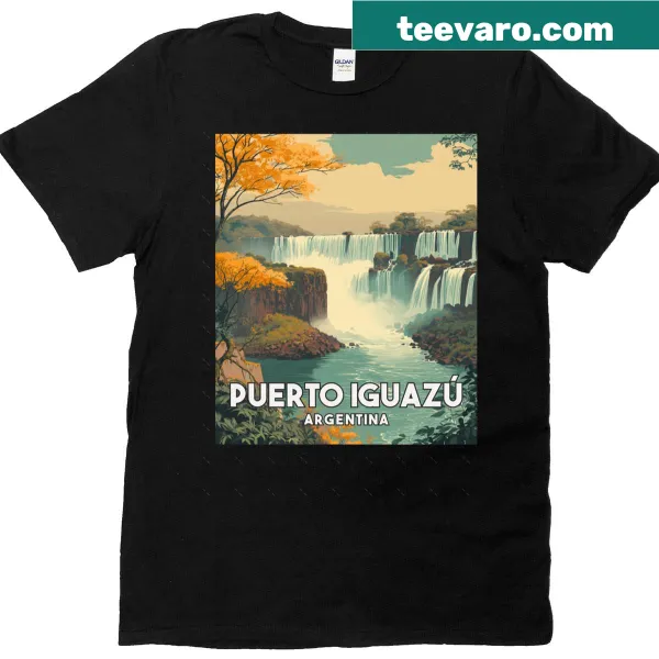 Vintage travel art T-shirt featuring Puerto Iguaz in Argentina