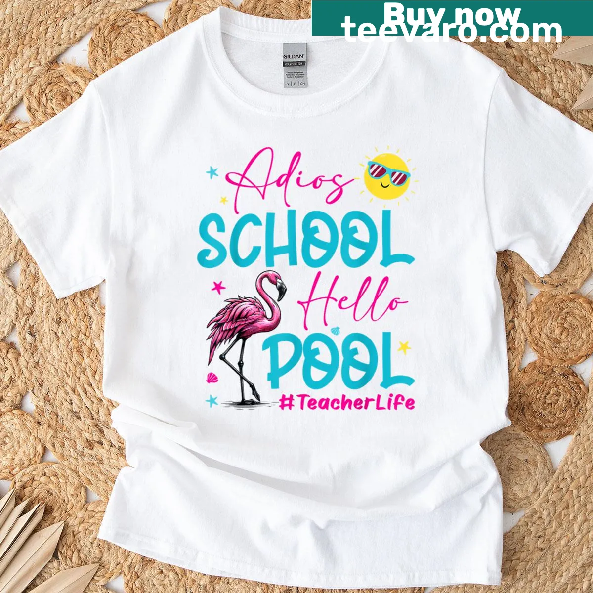 Funny flamingo graphic with 'Adios School Hello Pool' text on t-shirt — on a men's t-shirt