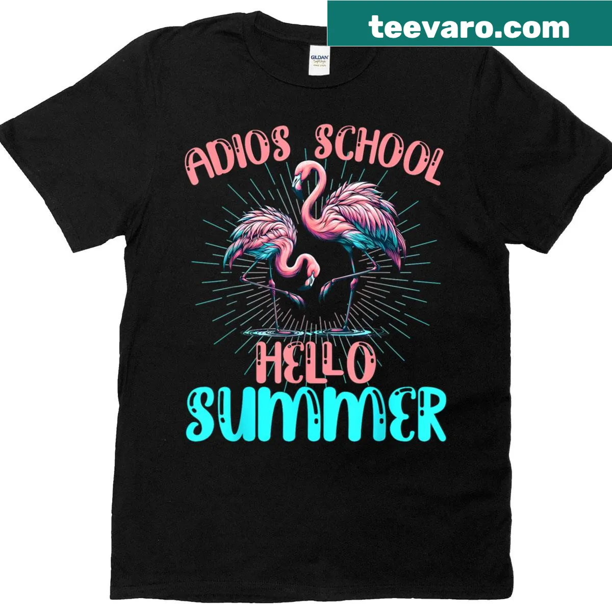 Funny teacher t-shirt with a flamingo and 'Adios School Hello Summer' text — on a men's t-shirt