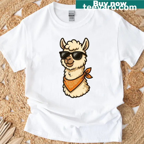 Cartoon alpaca wearing sunglasses on a T-shirt