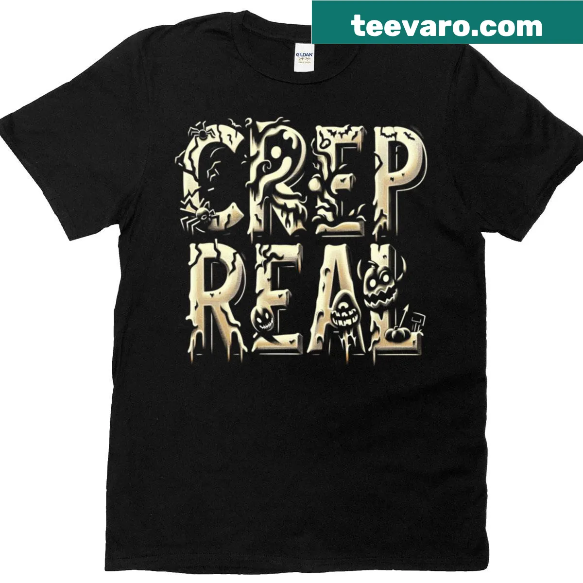 Edgy typography T-shirt with the saying 'Creep It Real' — on a men's t-shirt