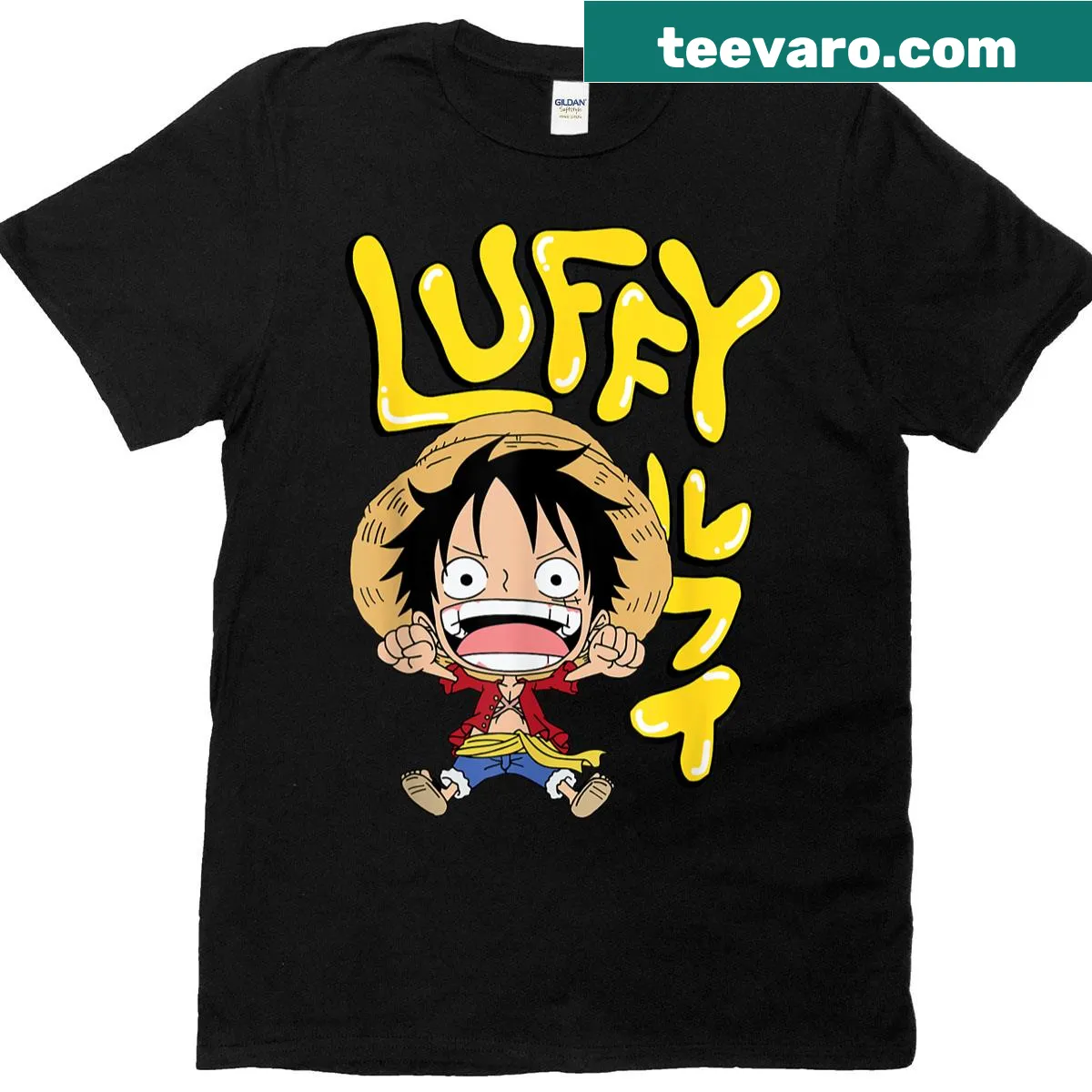Chibi Luffy character graphic with bubble letters on T-shirt — on a men's t-shirt