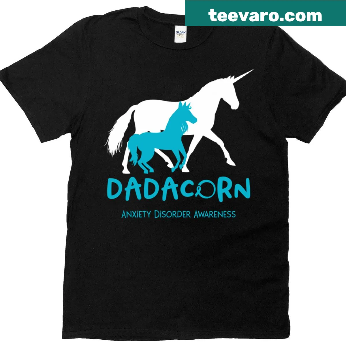 Fitted Dadacorn T-shirt supporting anxiety awareness with unicorn graphic — on a men's t-shirt