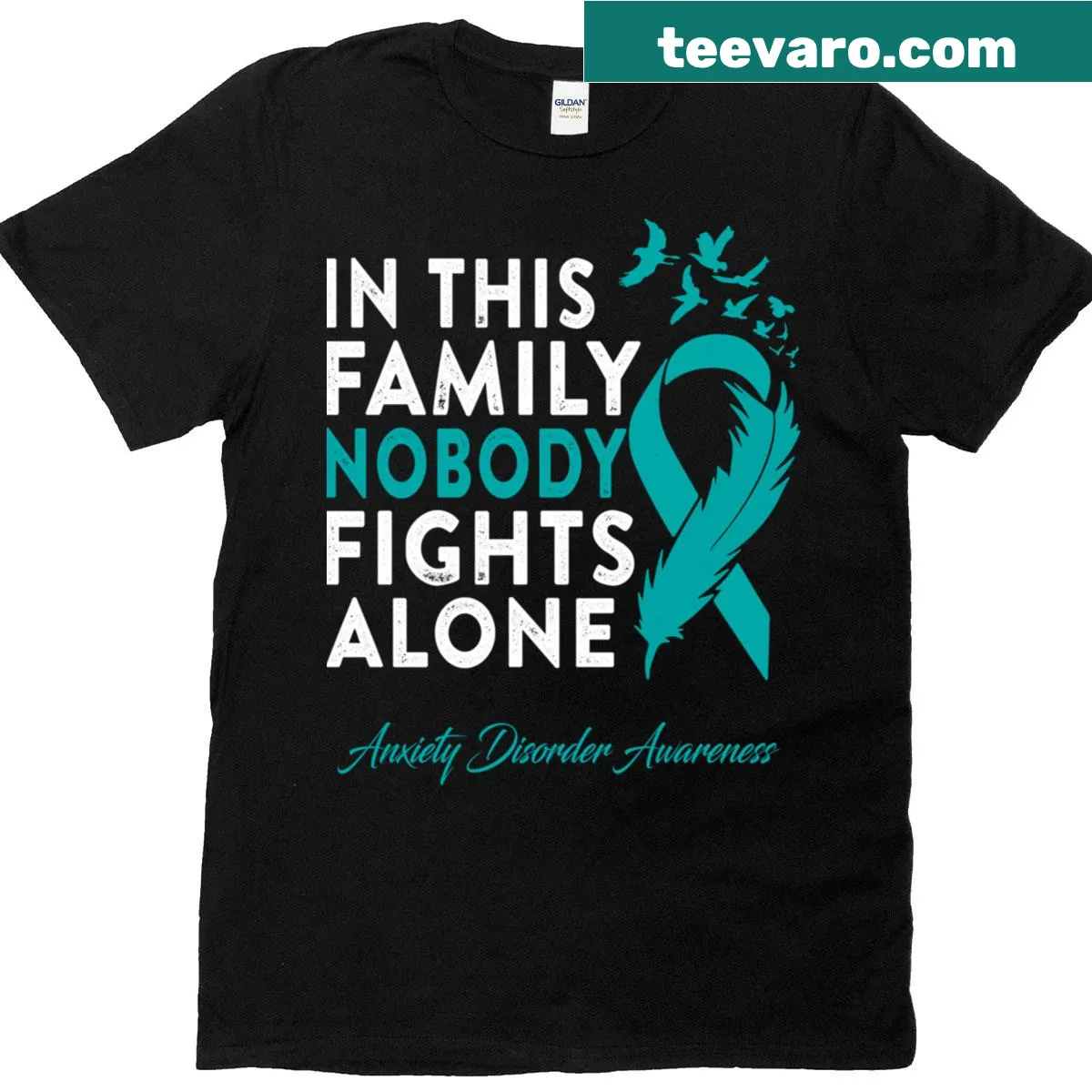T-shirt with text 'In This Family Nobody Fights Alone' for anxiety awareness — on a men's t-shirt