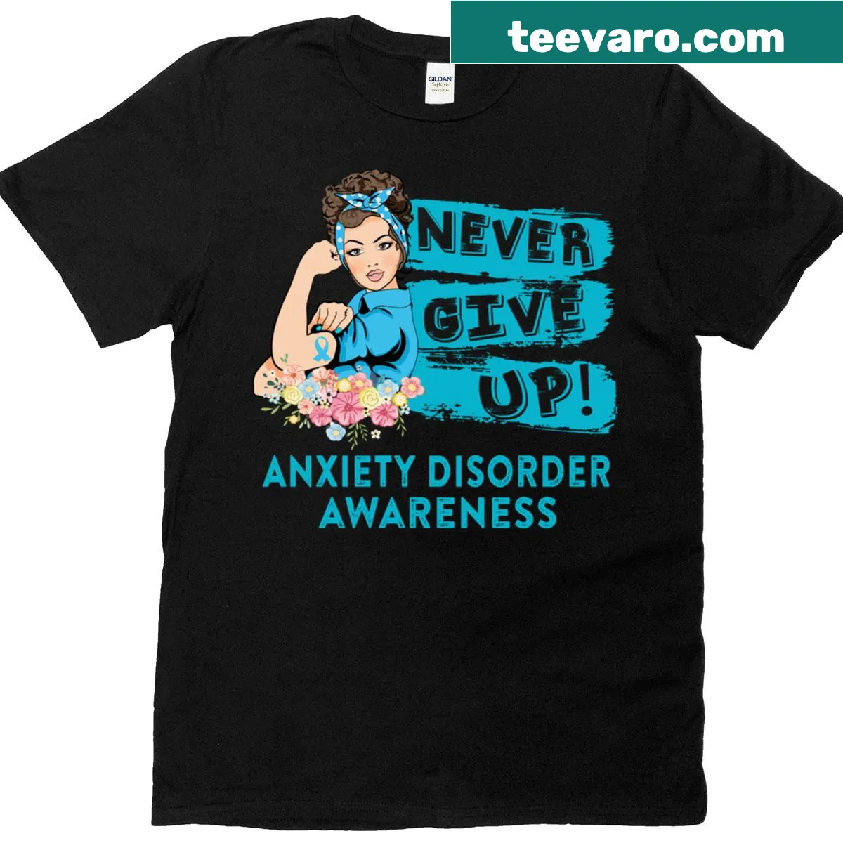 Motivational t-shirt with 'Never Give Up' for anxiety awareness. — on a men's t-shirt