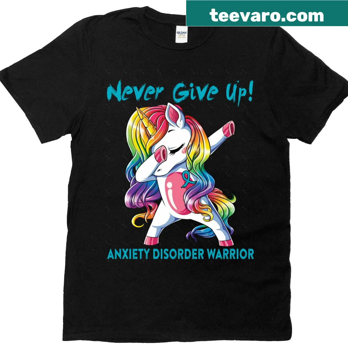 Oversized T-shirt with 'Never Give Up' and 'Anxiety Disorder Warrior' text — on a men's t-shirt