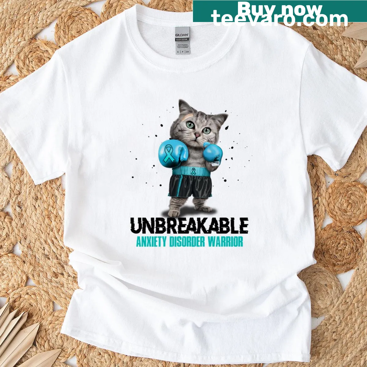 Inspirational T-shirt with 'Unbreakable' and anxiety ribbon design — on a men's t-shirt