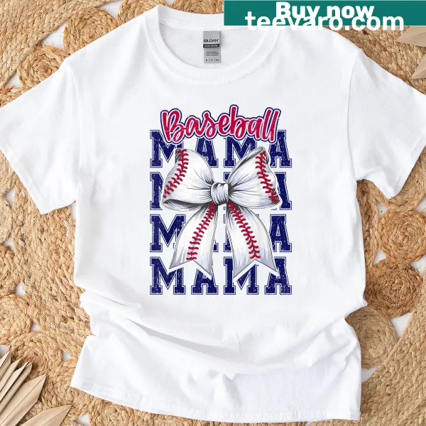 Illustrated Baseball Mama t-shirt featuring a coquette bow and text