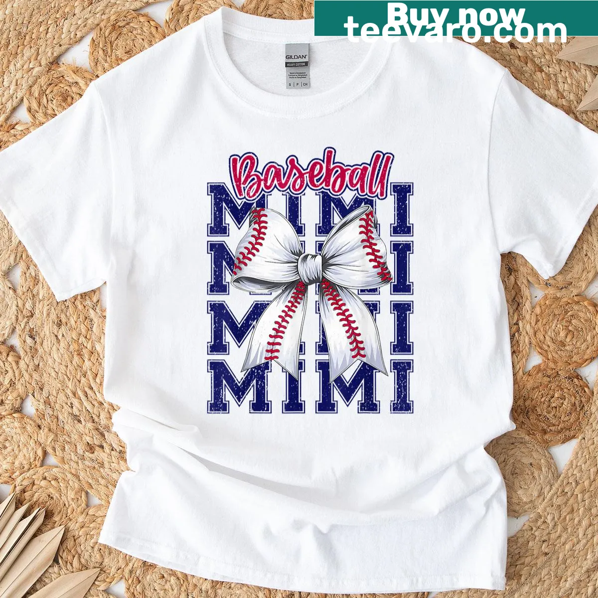 Illustrated Baseball Mimi t-shirt with coquette bow and text — on a men's t-shirt
