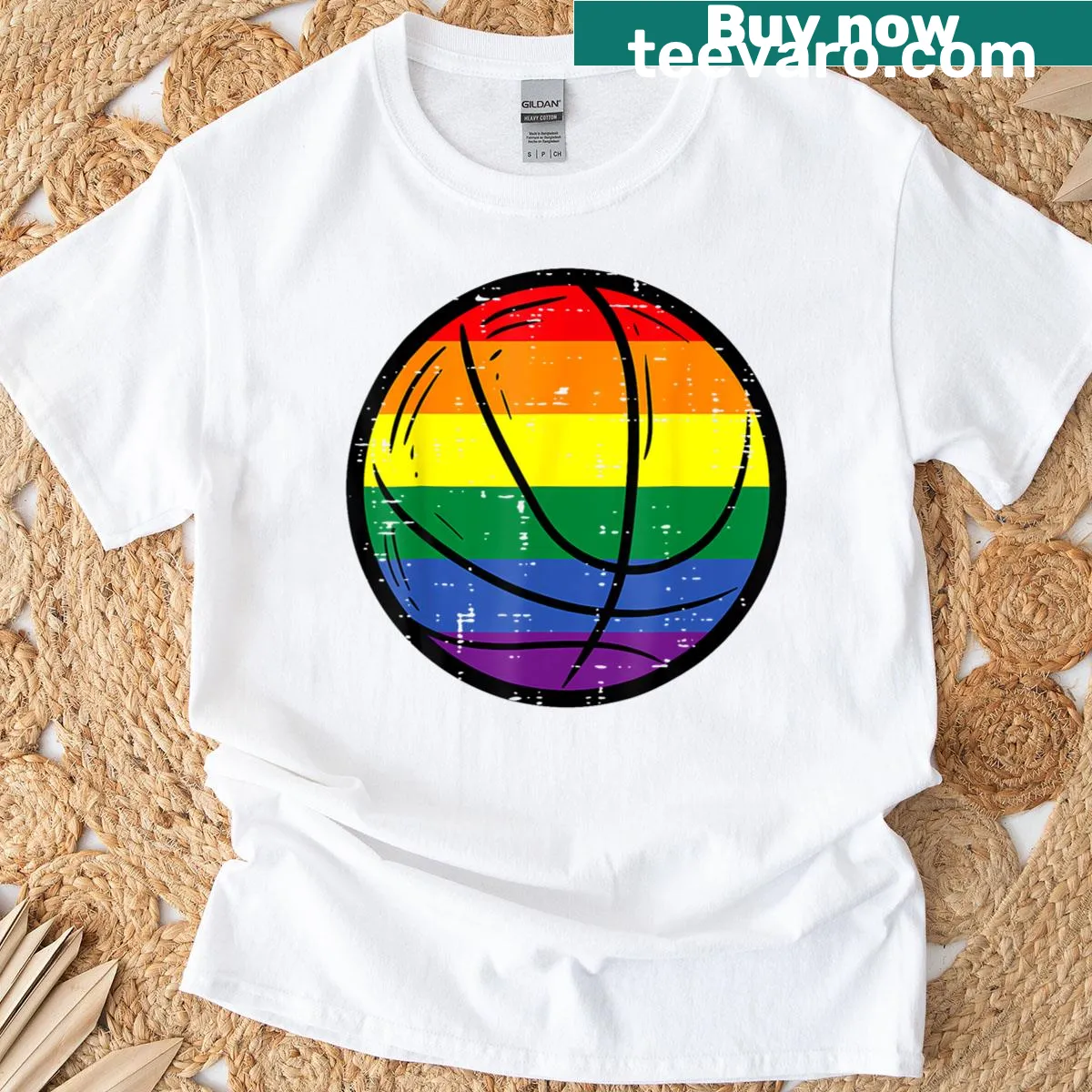 Spirited T-shirt celebrating basketball and LGBTQ+ pride for kids with rainbow graphics — on a men's t-shirt