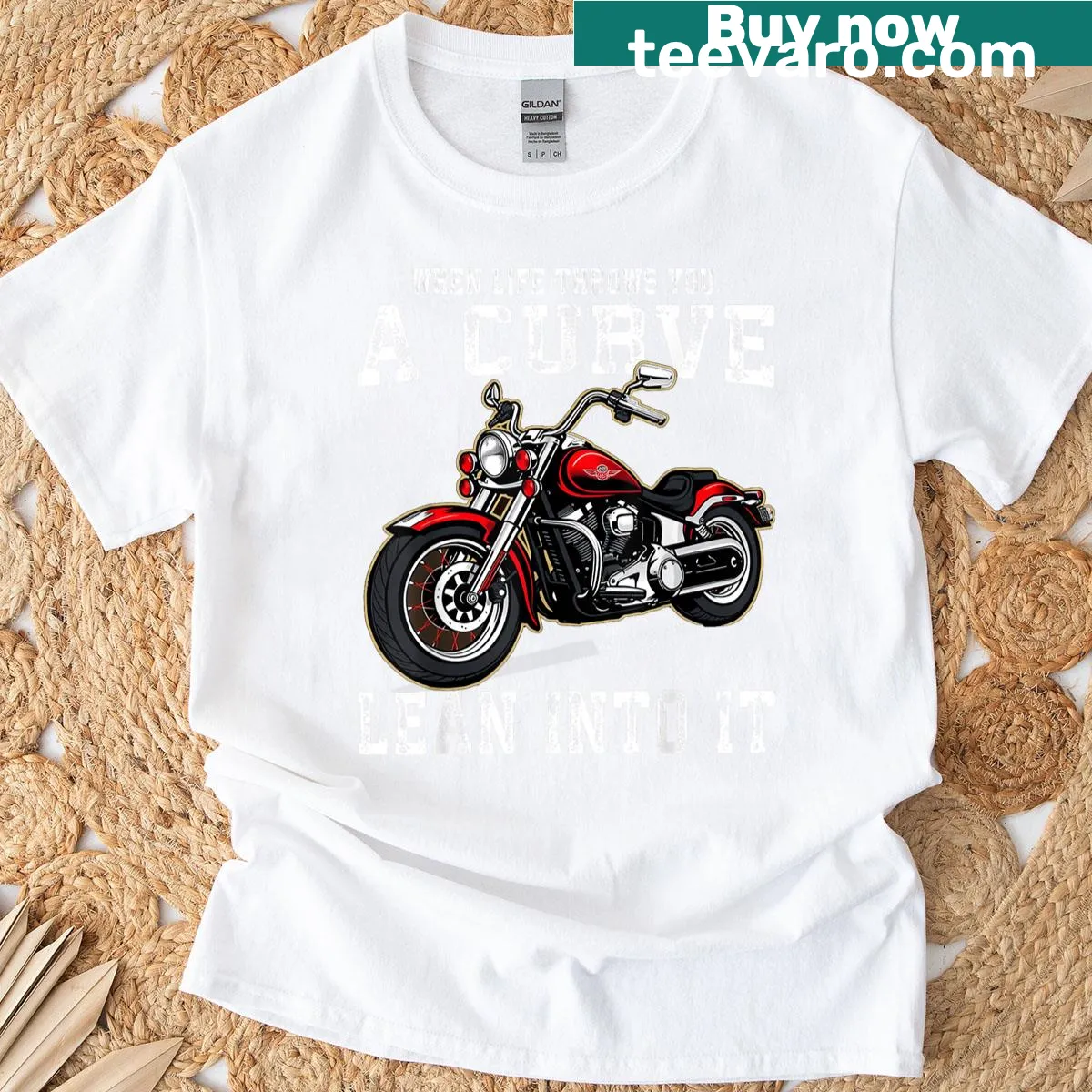 Bold typography T-shirt with biker quote about life and curves — on a men's t-shirt