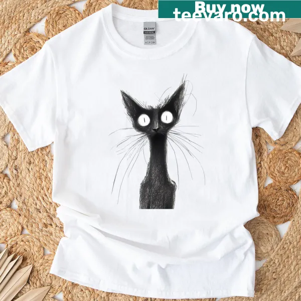 Minimalist black cat illustration with orange eyes on a quirky t-shirt