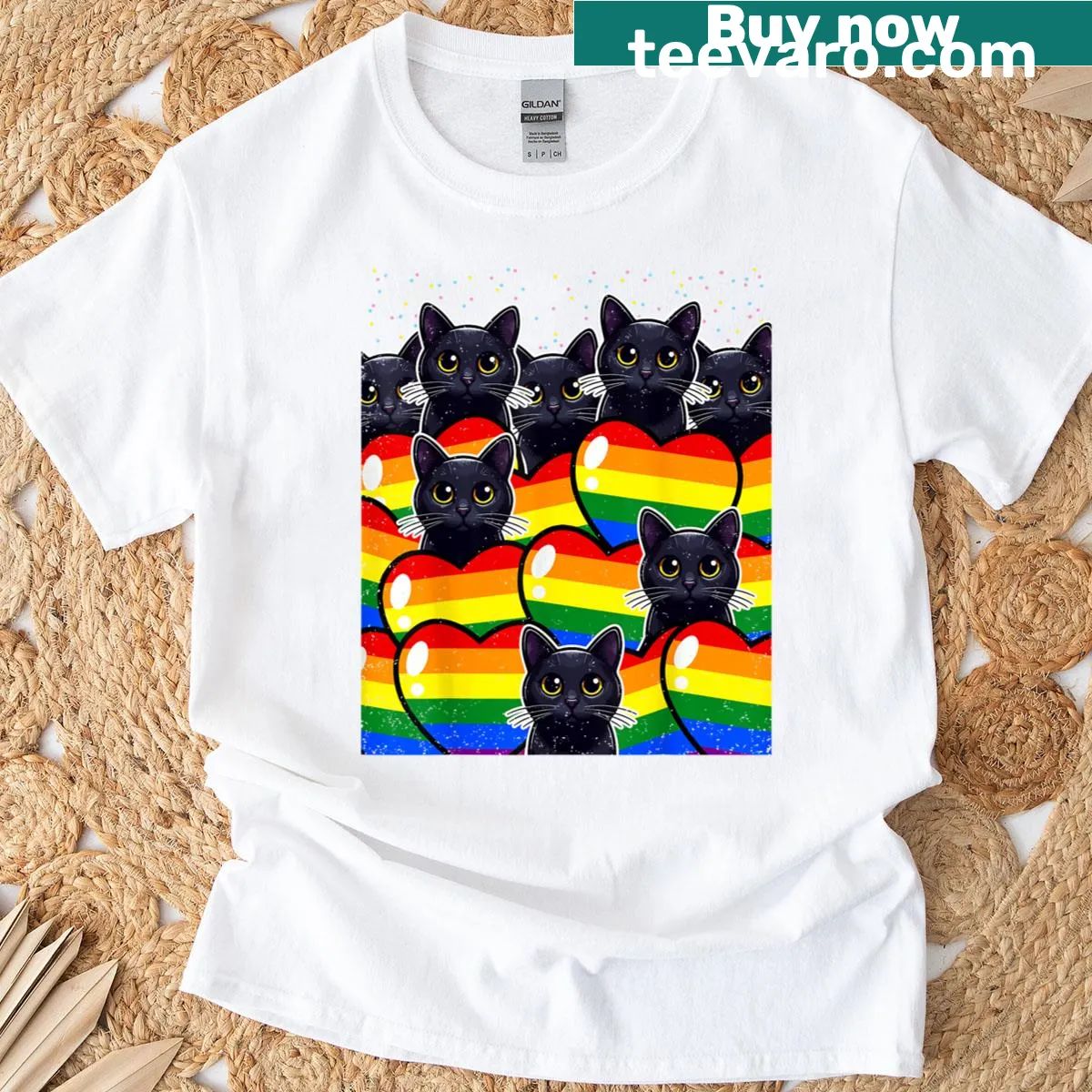 Black cat heart graphic on LGBT-themed T-shirt — on a men's t-shirt