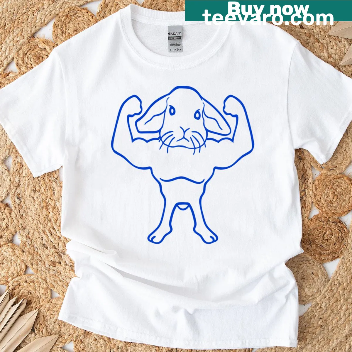 Playful bunny bodybuilder graphic on a gym fitness T-shirt — on a men's t-shirt
