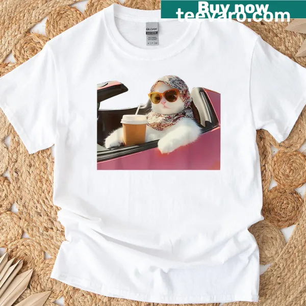 Funny cat driving meme t-shirt with humorous text