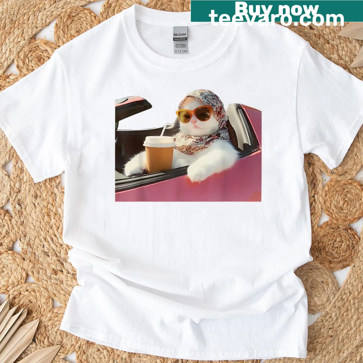 Funny cat driving meme t-shirt with humorous text — on a men's t-shirt