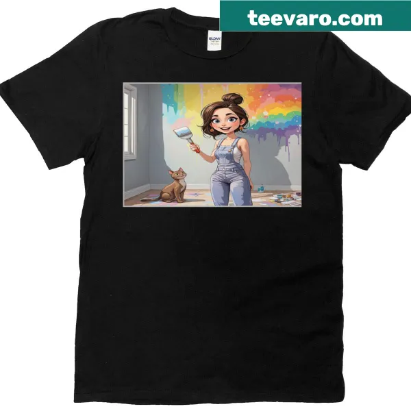 Oversized t-shirt with cute cat lady cartoon graphic.