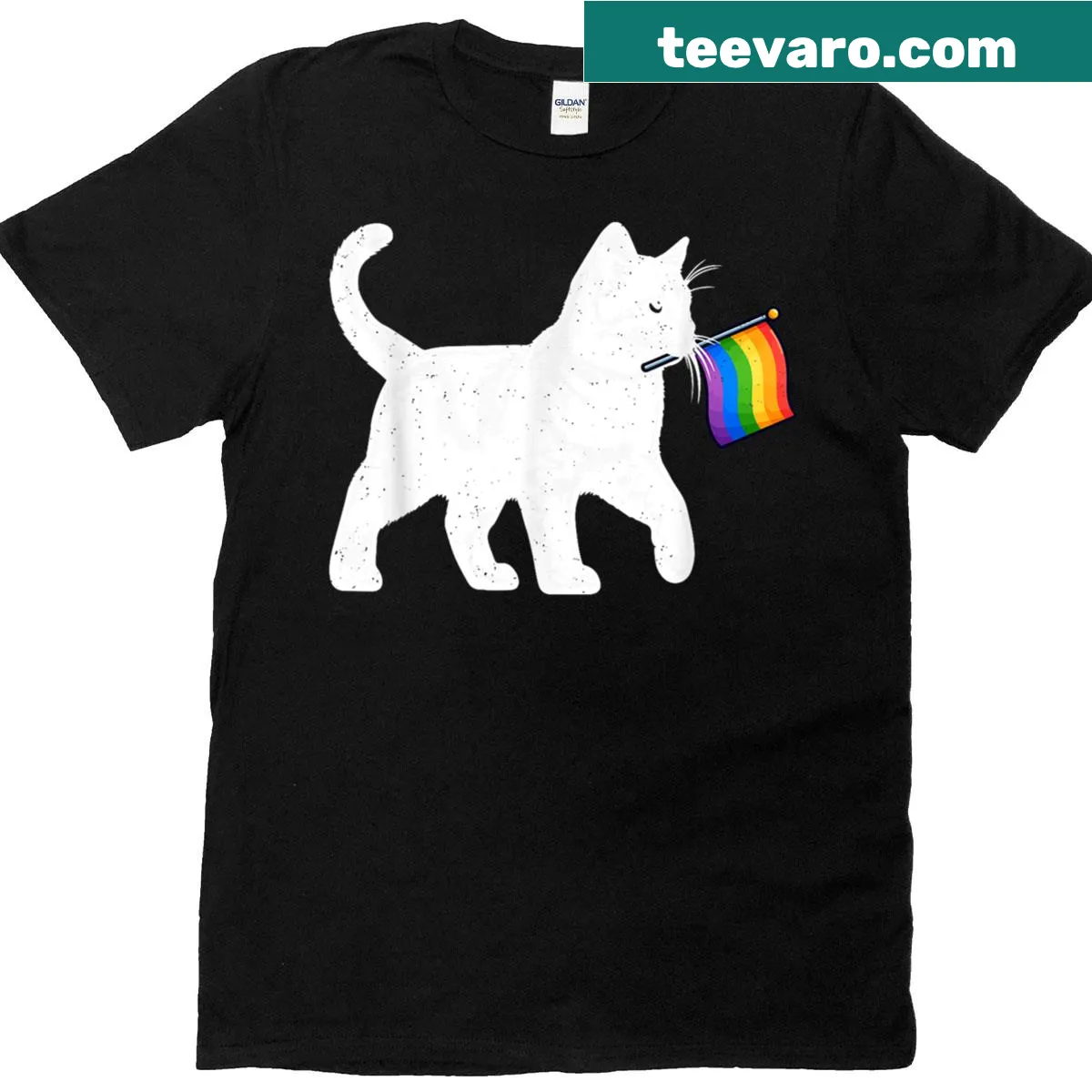 T-shirt featuring a rainbow flag with kittens for LGBTQ+ pride. — on a men's t-shirt
