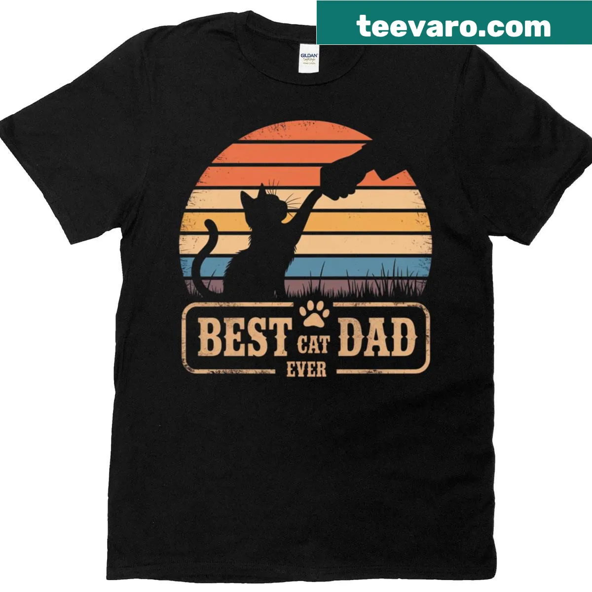 Funny retro T-shirt for cat dads with bump fist design. — on a men's t-shirt