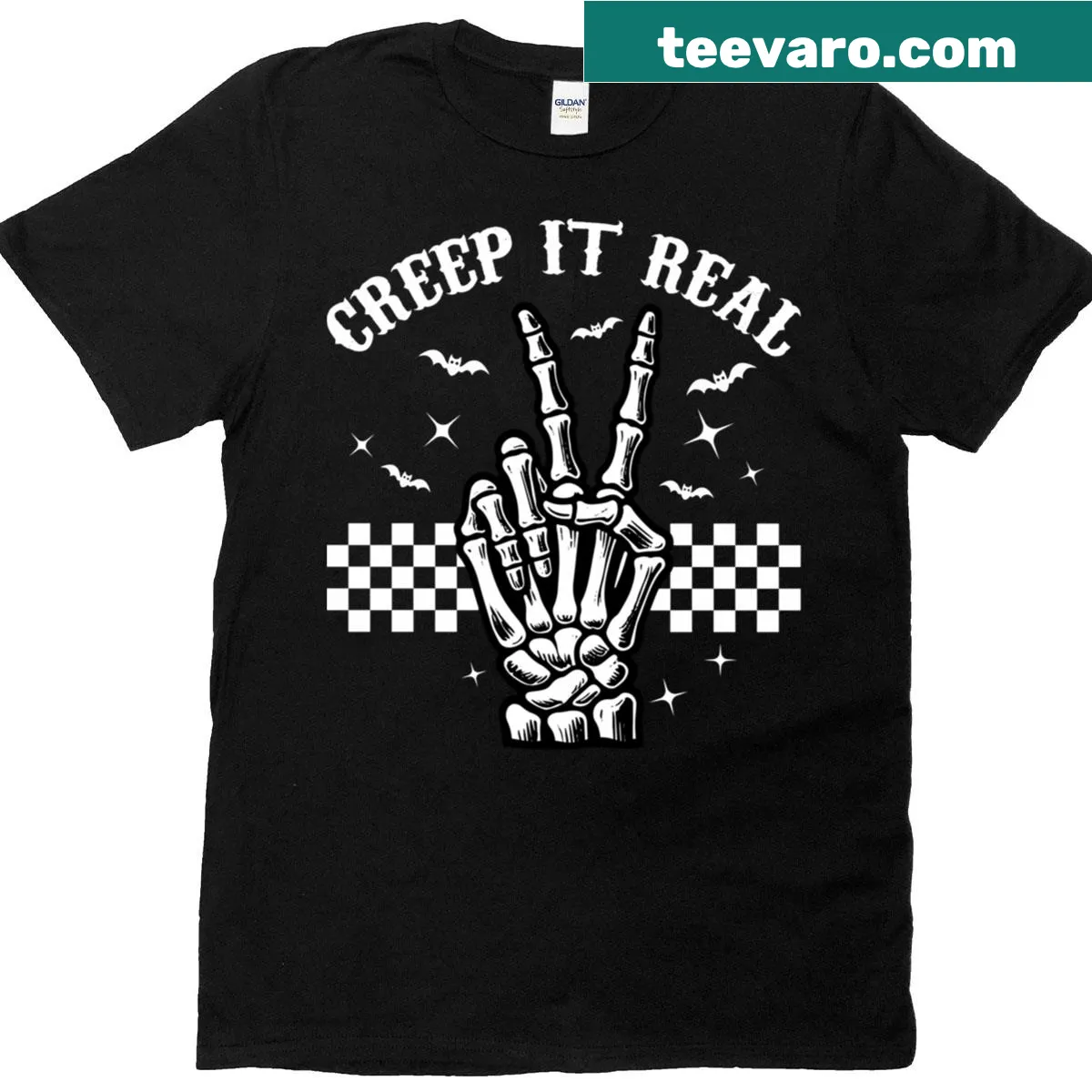 Retro Halloween t-shirt featuring a skeleton hand and 'Ceep It Real' text. — on a men's t-shirt