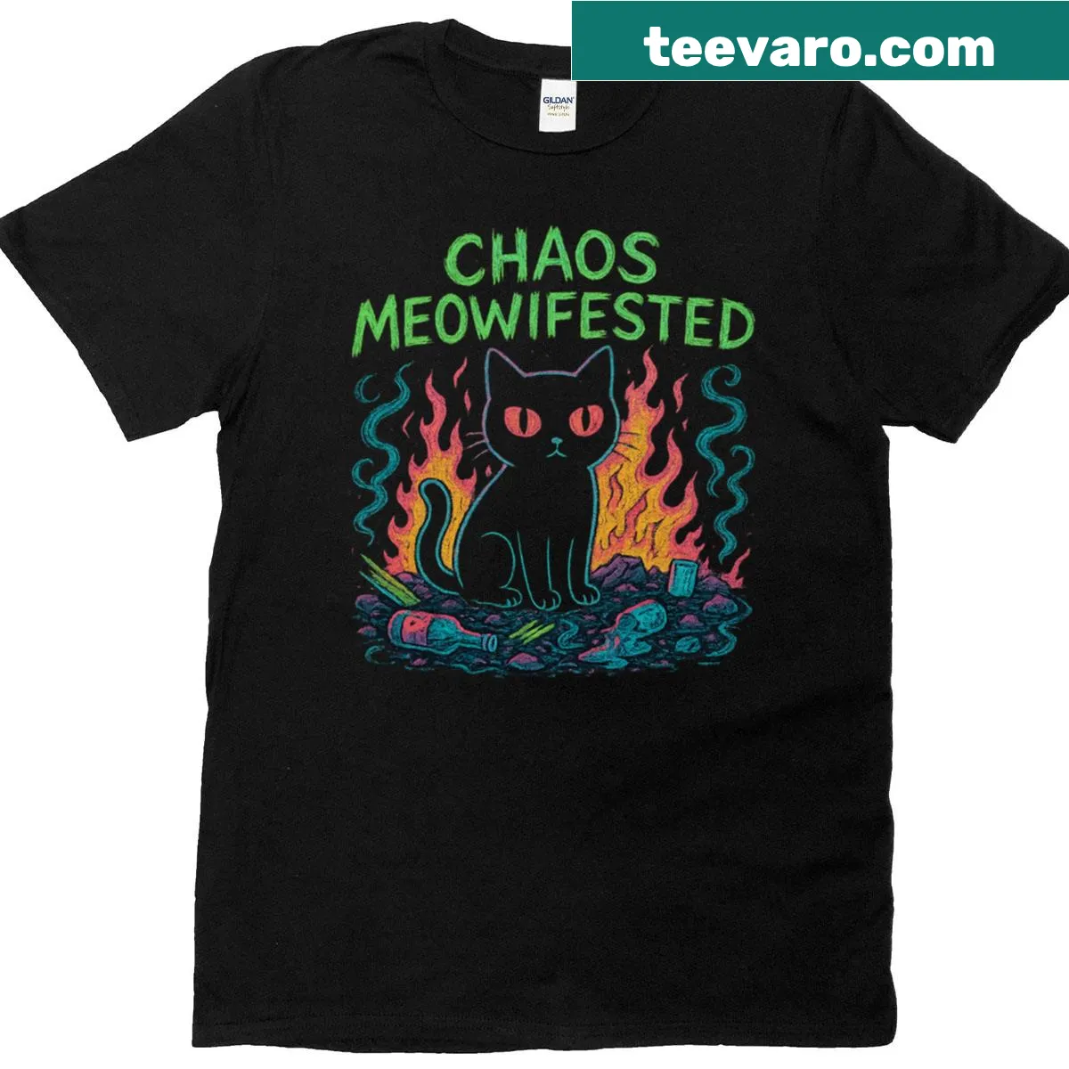Witchy cat themed graphic t-shirt with playful design — on a men's t-shirt