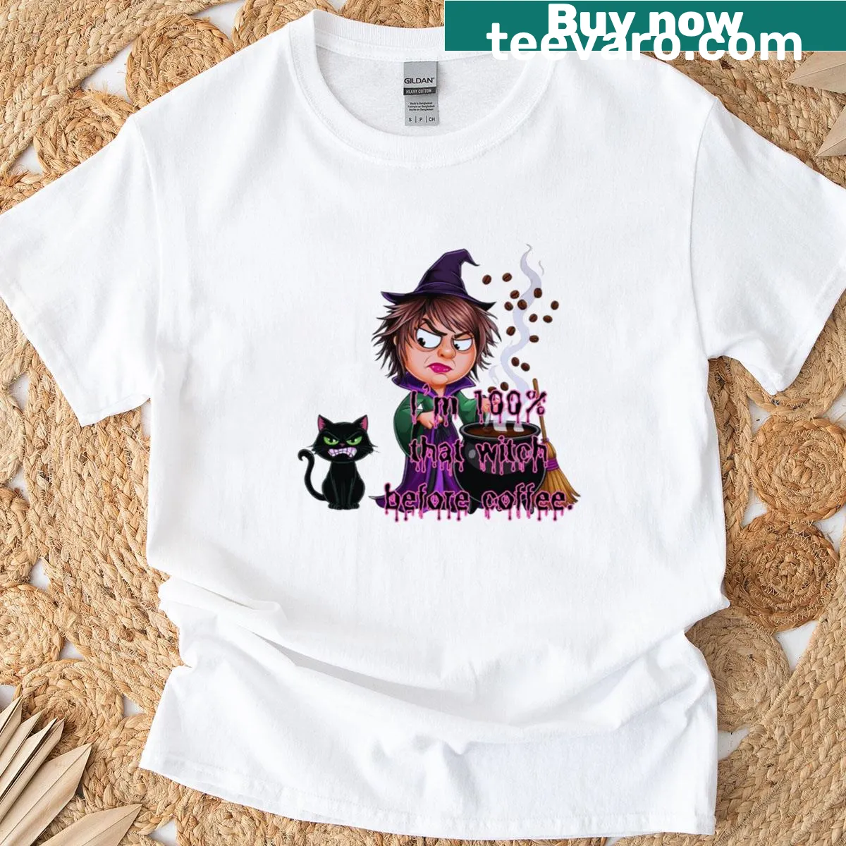 Whimsical Coffee Witch graphic on a humorous t-shirt — on a men's t-shirt