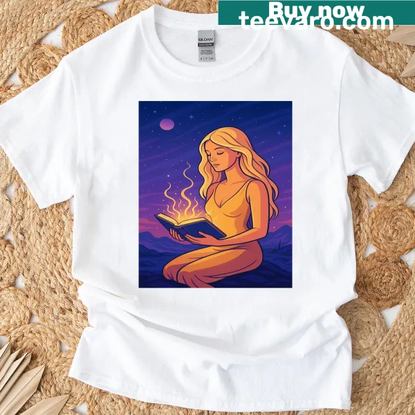 T-shirt featuring a cosmic book design with celestial elements