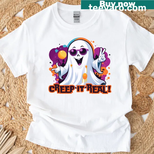 Bold typography T-shirt with 'Creep It Real 1' text.