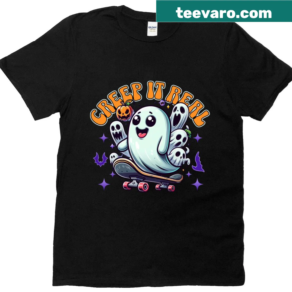 Ghost on skateboard with 'Creep It Real' text t-shirt — on a men's t-shirt