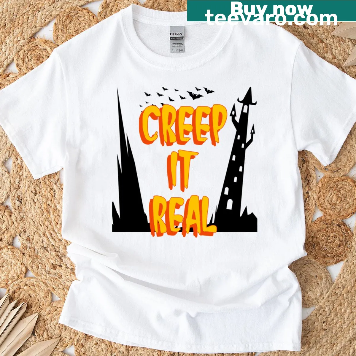 Playful Halloween-themed T-shirt with 'Creep It Real' text — on a men's t-shirt