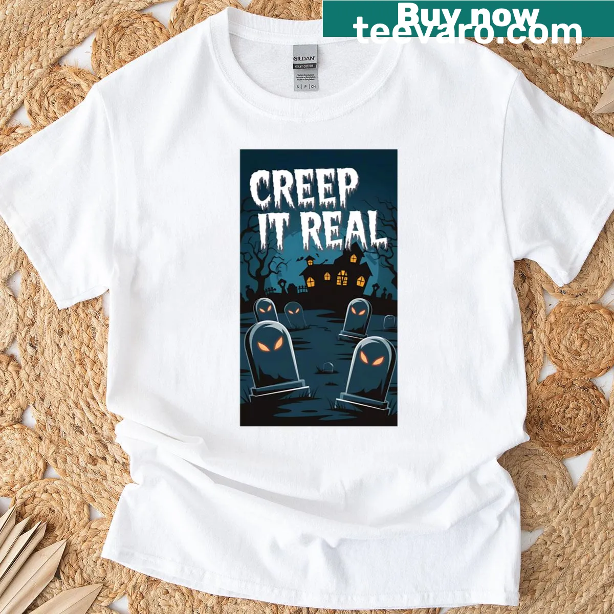 Haunted graveyard T-shirt with 'Creep It Real' design — on a men's t-shirt
