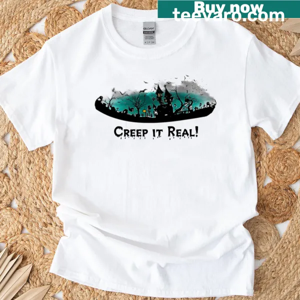 Haunted house themed Halloween t-shirt with spooky illustration