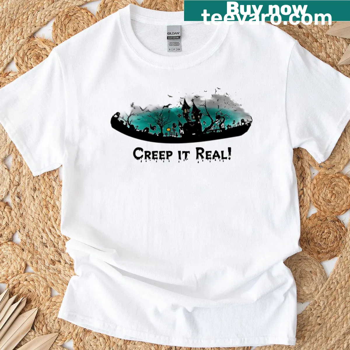 Haunted house themed Halloween t-shirt with spooky illustration — on a men's t-shirt