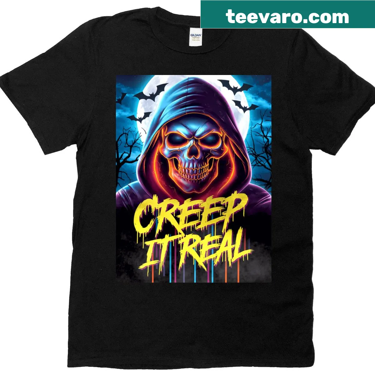 Neon skull graphic tee designed for a fun Halloween vibe. — on a men's t-shirt