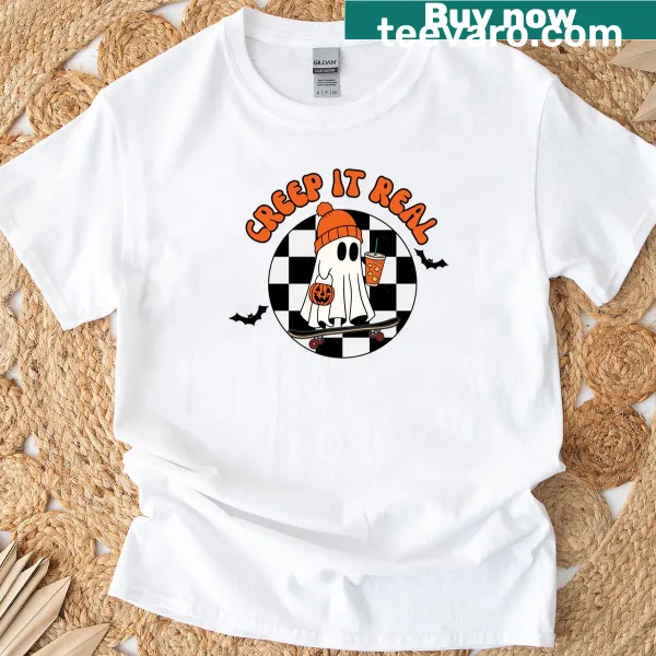 Retro Halloween T-shirt with ghost skateboard graphic and playful text.