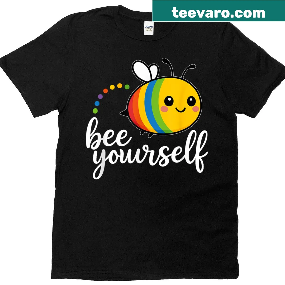 Rainbow design T-shirt with 'Bee Yourself' slogan for pride — on a men's t-shirt