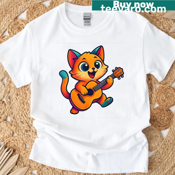 Illustration of a cute cat playing guitar, embodying a rock star vibe.
