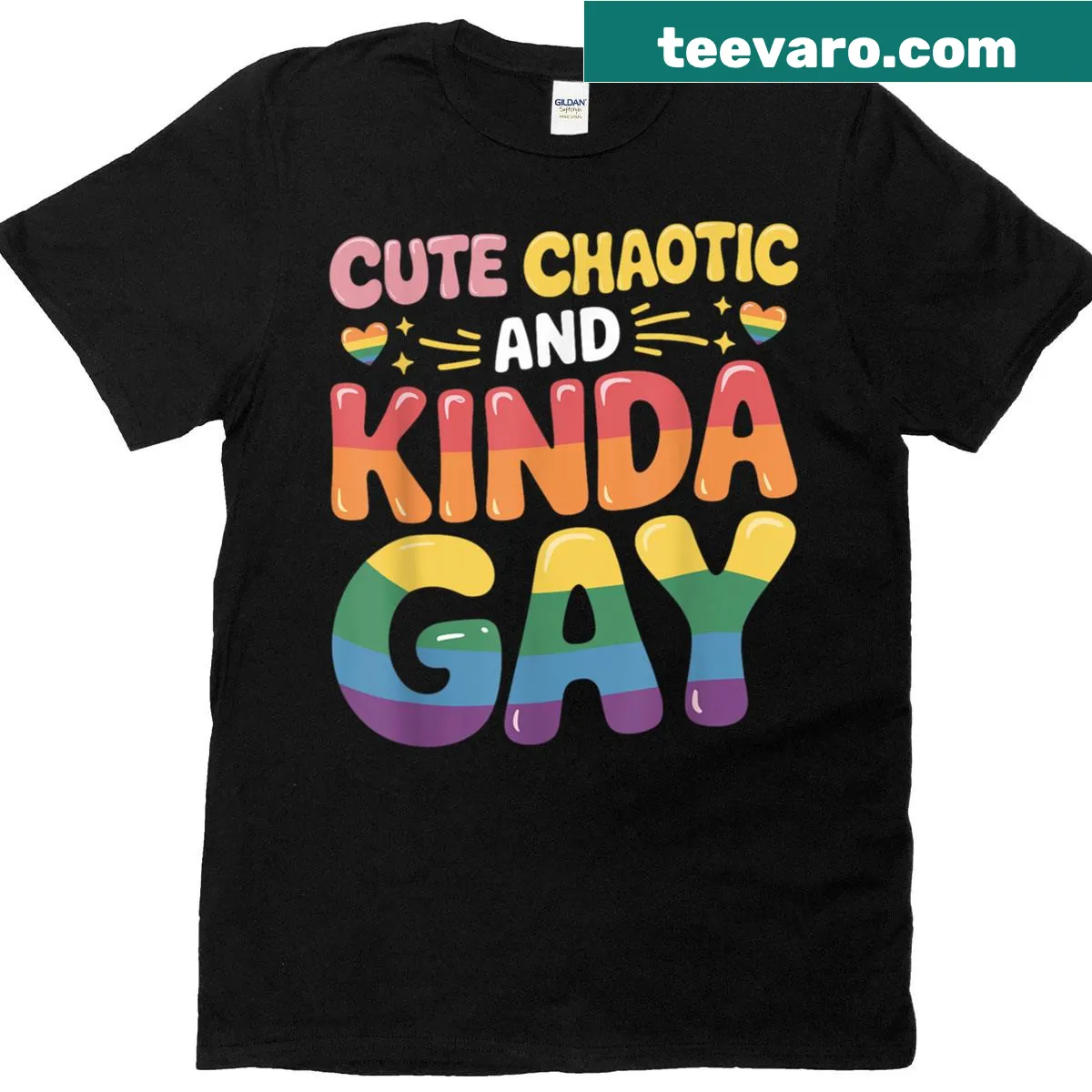 A cute LGBTQ+ pride t-shirt with a chaotic and fun design — on a men's t-shirt