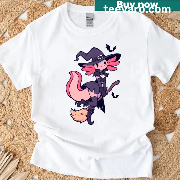Axolotl in witch attire on a broomstick illustration