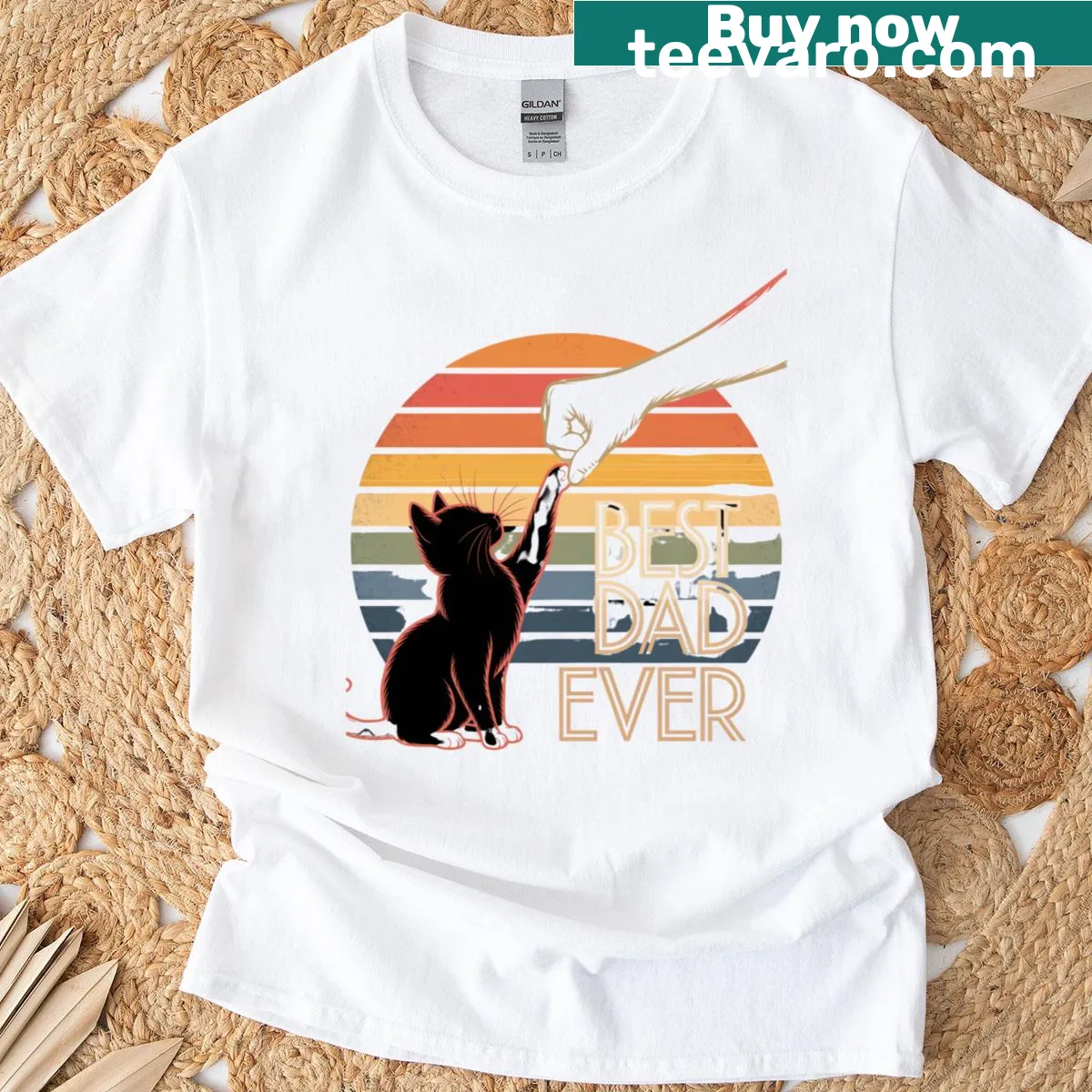 Retro design featuring a fist bump and the phrase Best Cat Dad Ever with a cat theme. — on a men's t-shirt