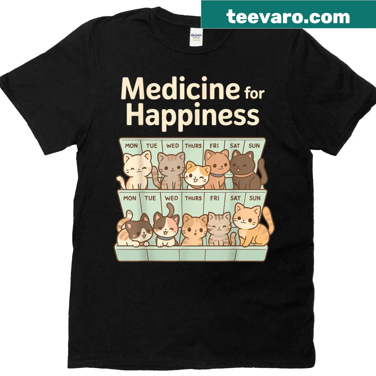 Kawaii cat T-shirt featuring kittens and funny cat pills graphic — on a men's t-shirt