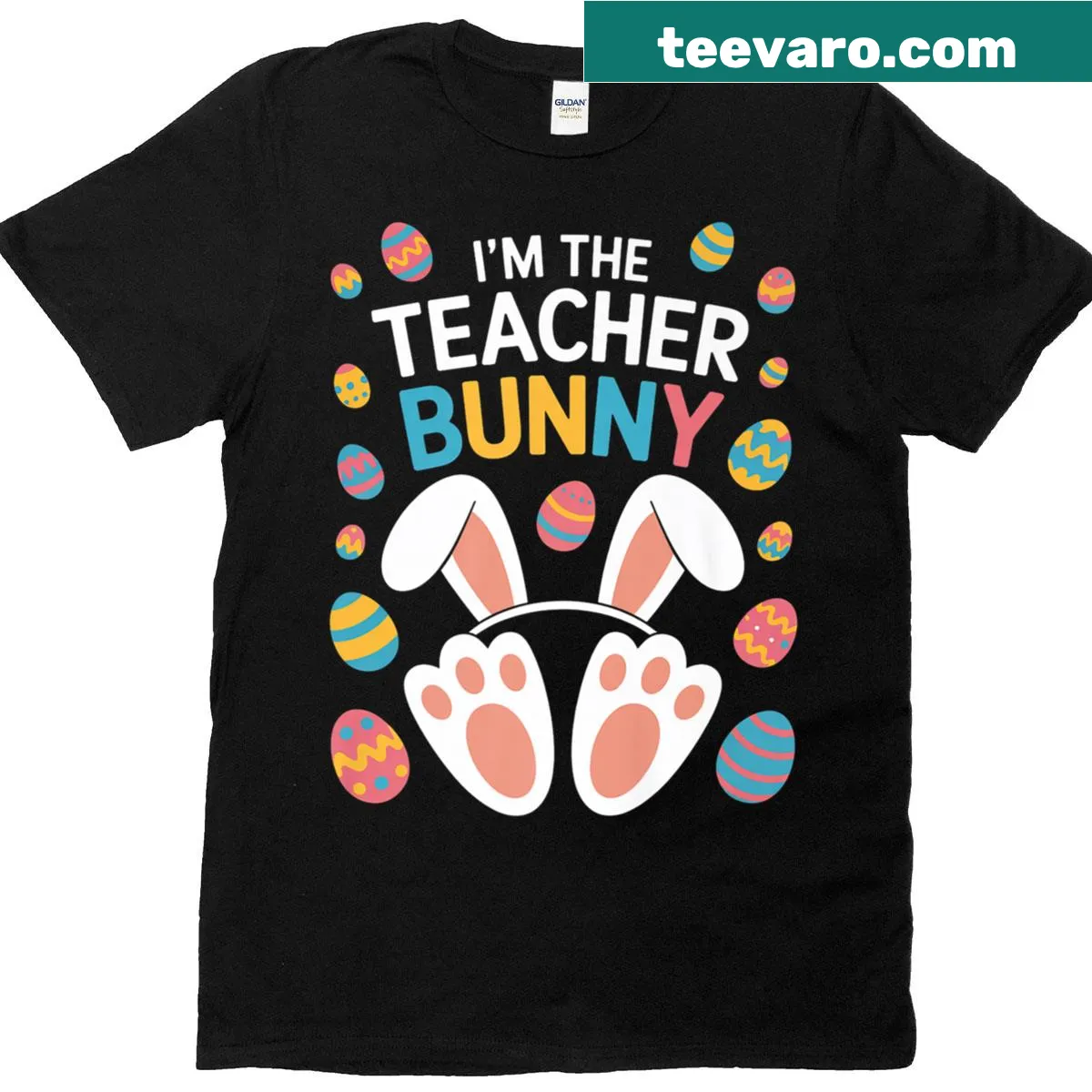 Cute T-shirt with bunny ears graphic and teacher life theme for Easter. — on a men's t-shirt