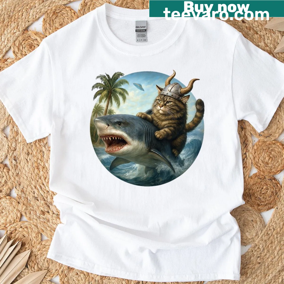 Viking cat surfing on a shark in a whimsical ocean adventure illustration. — on a men's t-shirt
