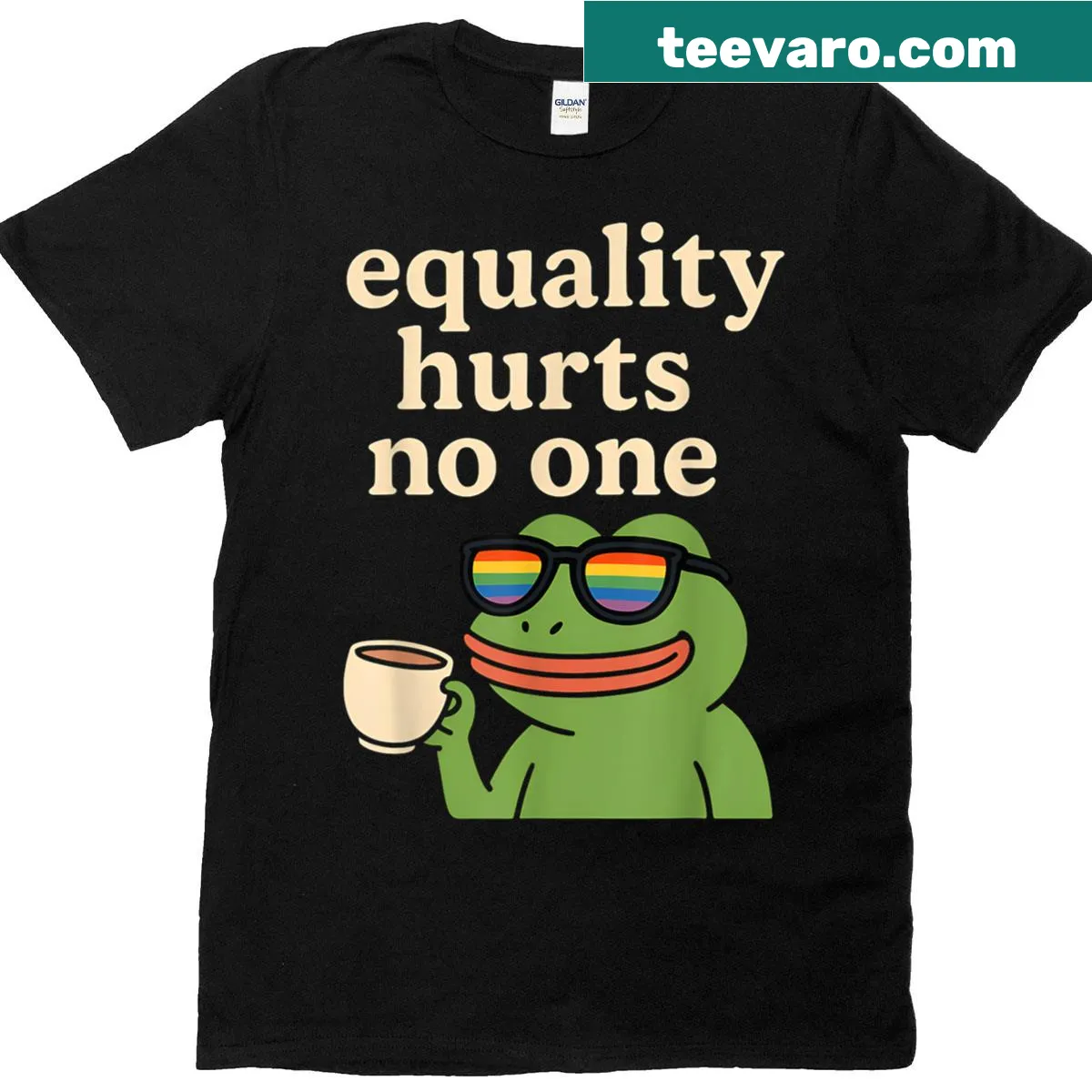 Funny frog holding coffee with slogan about equality for Pride Month — on a men's t-shirt
