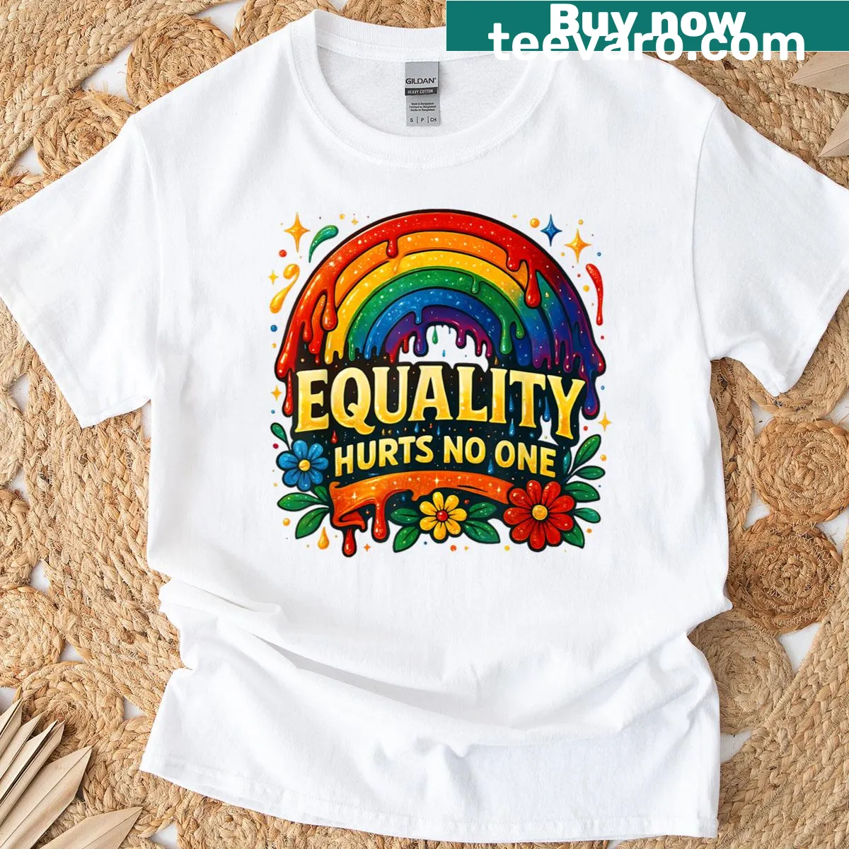 Rainbow-themed T-shirt with 'Equality Hurts No One' text — on a men's t-shirt